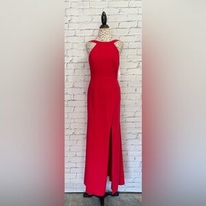 Dessy Collection Stand Collar Halter Maxi Dress With Criss Cross Open-Back Red